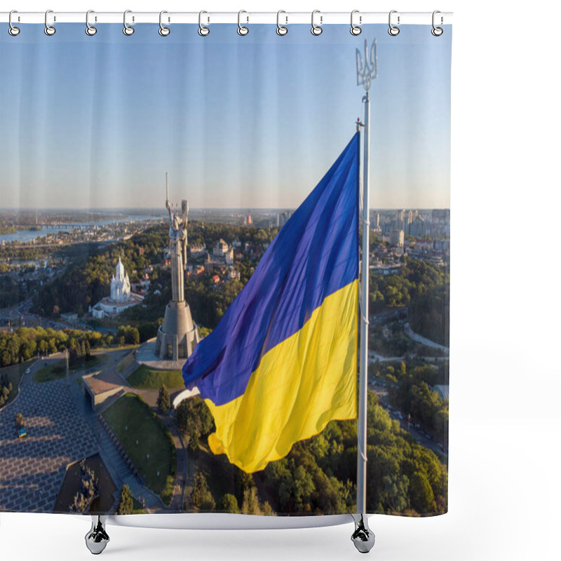 Personality  Aerial Drone Flyby Shot In Kyiv - Biggest National Flag Of Ukraine. Aerial View. Spivoche Pole, Kiev Shower Curtains