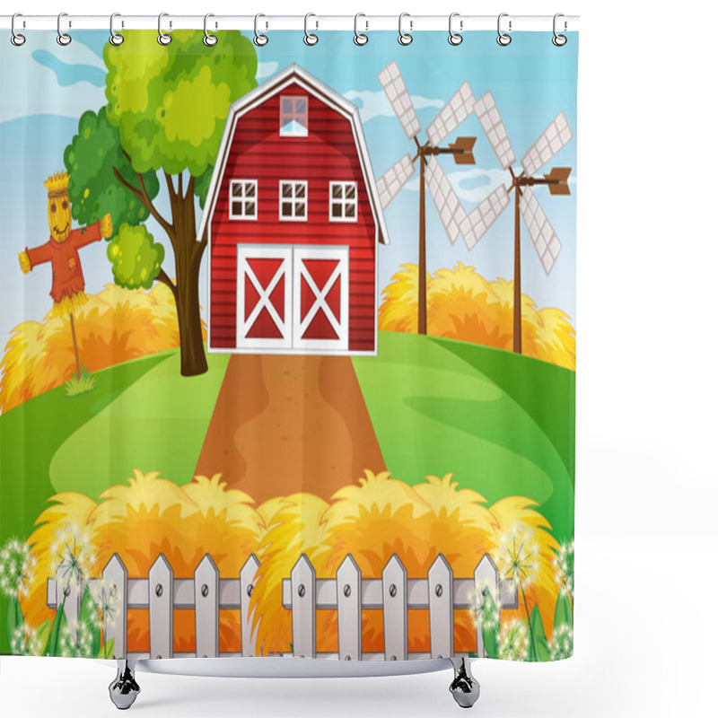 Personality  Farm In Nature Scene With Barn And Windmill And Scarecrow Illustration Shower Curtains