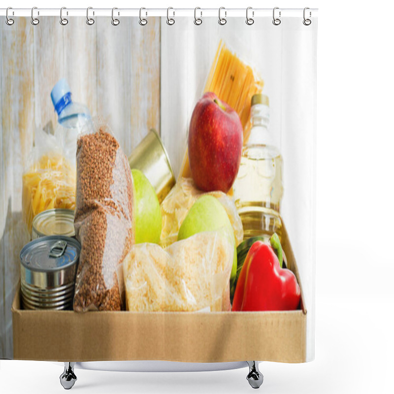 Personality  Donation Box With Various Food. Open Cardboard Box With Butter, Canned Goods, Cereals And Fruits. Shower Curtains