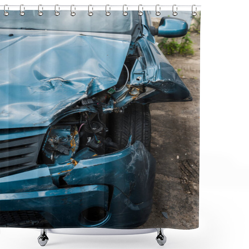 Personality  Selective Focus Of Crashed Blue Auto After Car Accident  Shower Curtains