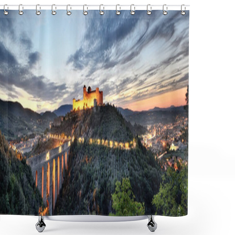 Personality  Spoleto, Umbria, Italy. The Albornoziana Fortress And The Tower`s Bridge At Sunset. Shower Curtains