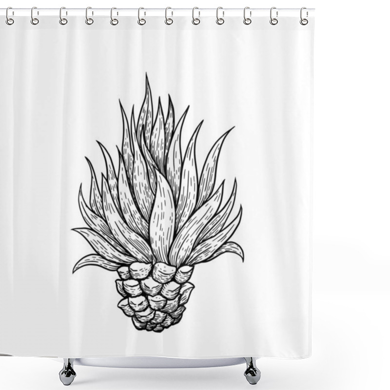 Personality  Hand Drawn Blue Agave, Main Tequila Ingredient, Sketch Style Vector Illustration Isolated On White Background. Drawing Black And White Of Agave Cactus, Side View, Colorful Illustration Shower Curtains