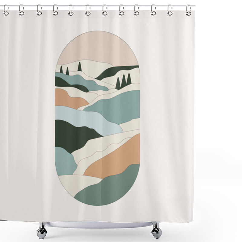 Personality  Vector Illustration. An Oval Composition With A Landscape Consisting Of Wavy Lines And Pastel Shades Of Green, Beige And Blue, Creating A Calm Atmosphere Of Nature. Shower Curtains