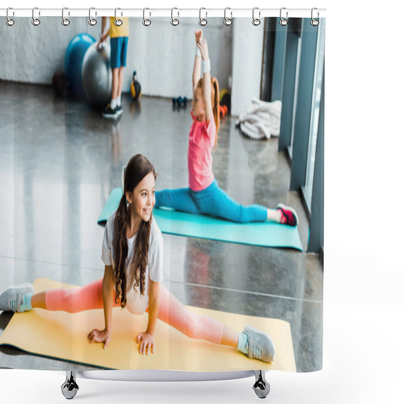 Personality  Cute Kids Doing Twine On Fitness Mats In Gym Shower Curtains