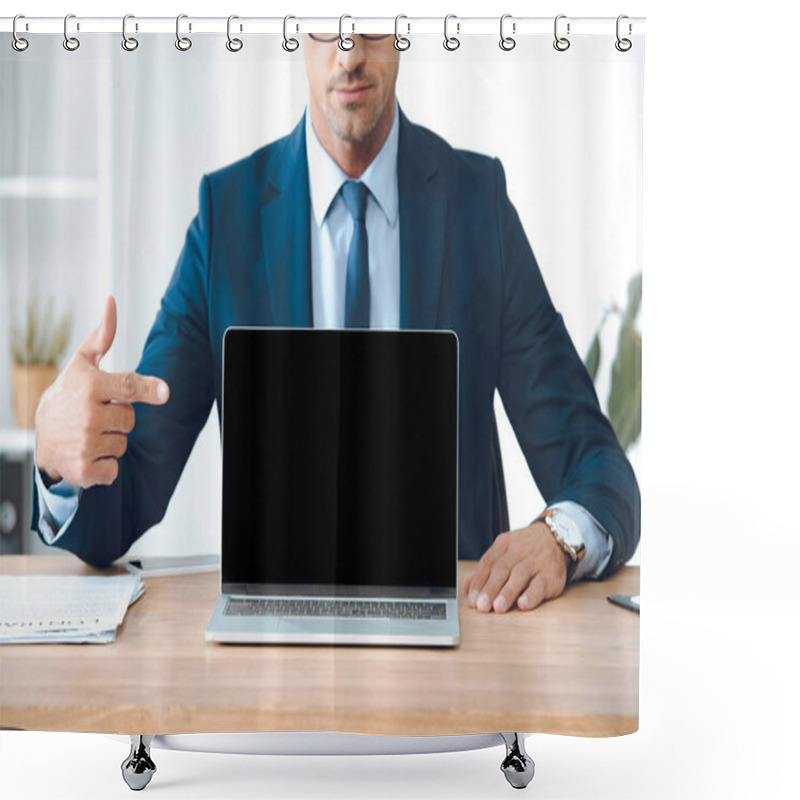 Personality  Cropped Shot Of Businessman Pointing With Finger At Laptop With Blank Screen Shower Curtains