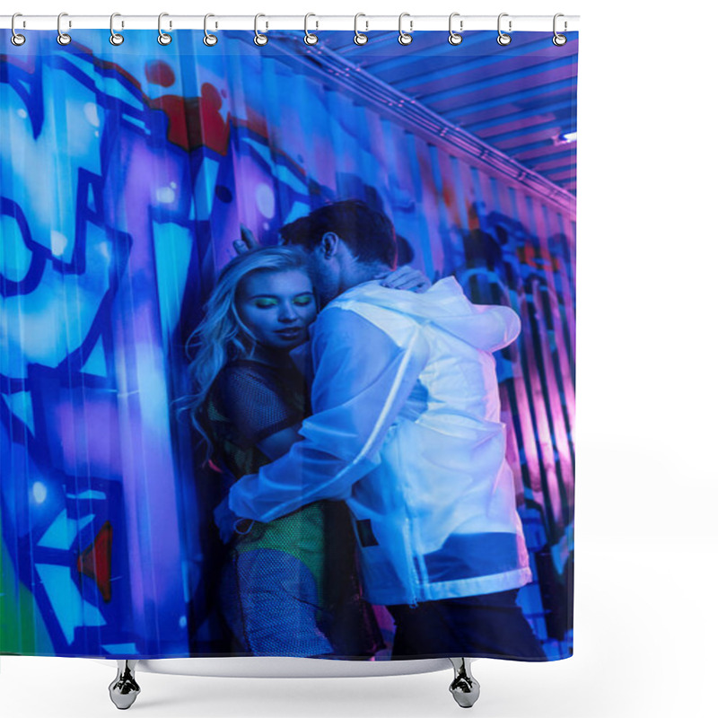 Personality  Attractive And Blonde Woman Hugging With Man Near Wall  Shower Curtains