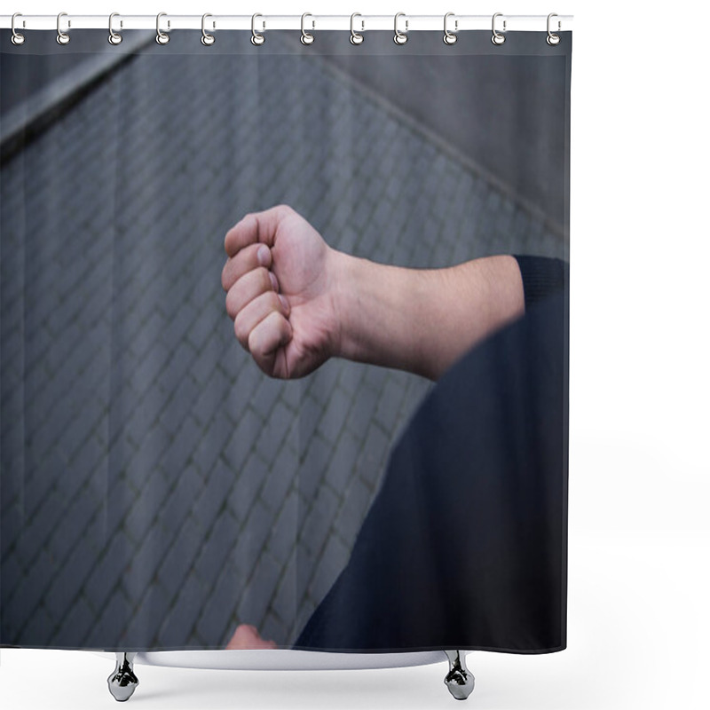 Personality  Cropped View Of Male Hand With Bricks On Background  Shower Curtains