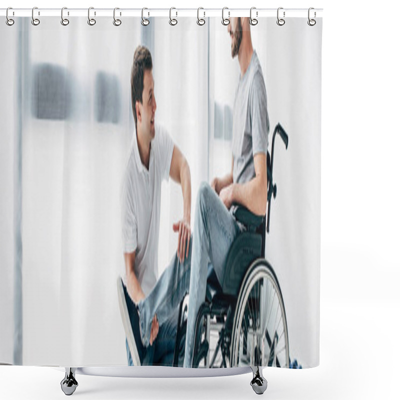 Personality  Panoramic Shot Of Physiotherapist Massaging Leg Of Patient In Wheelchair In Hospital Shower Curtains