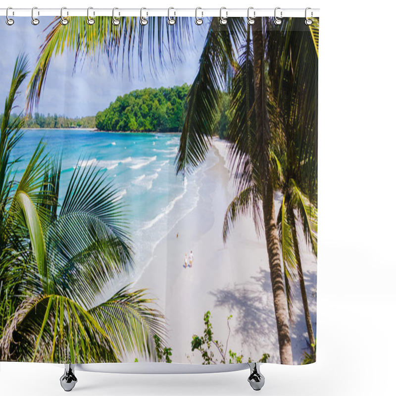 Personality  Ao Jark Bay And Beach Koh Kood Island Thailand Trat, Tropical Beach With Palm Trees And Turqouse Colored Ocean On A Sunny Day, Couple Walking At The Beach View From Above With Drone Between Palm Trees Shower Curtains