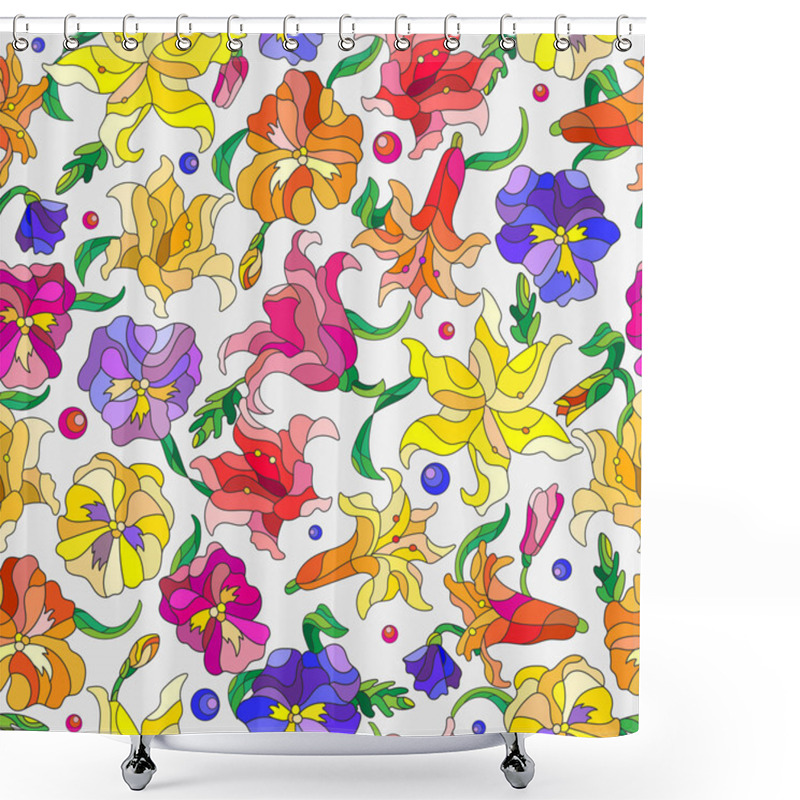 Personality  Seamless Background With Spring Flowers In Stained Glass Style, Flowers, Buds And Leaves Of Pansies And Lilies On A Light Background Shower Curtains