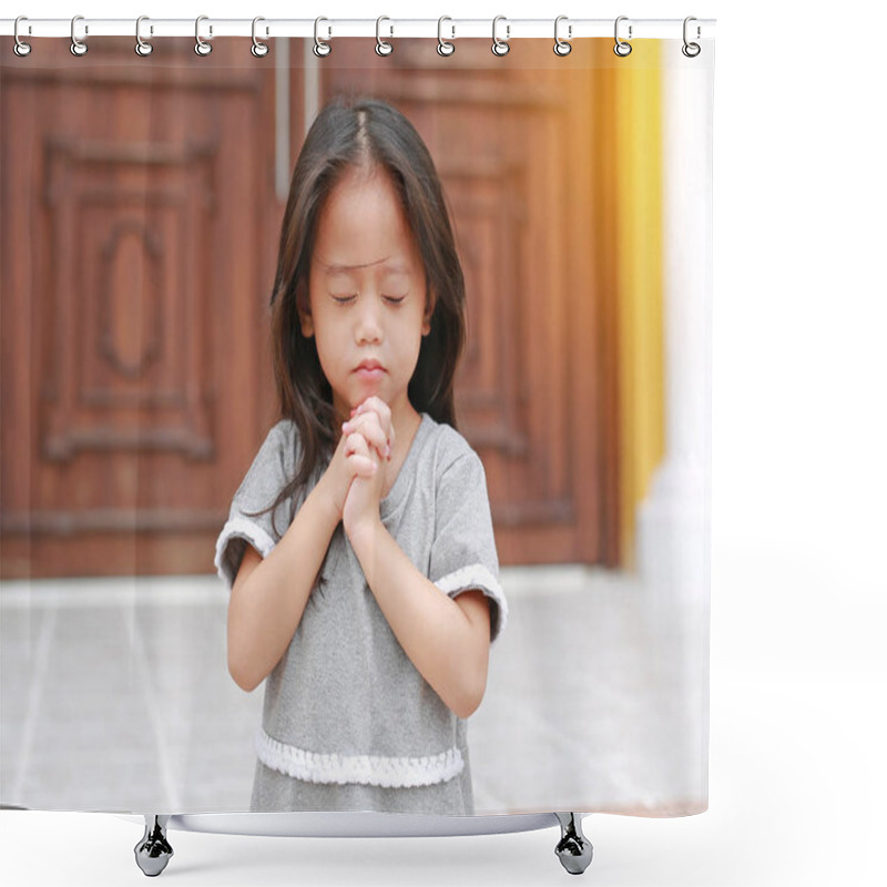 Personality  Little Asian Girl Stance Praying At The Church. Hands Folded In Prayer Concept For Faith, Spirituality And Religion. Shower Curtains