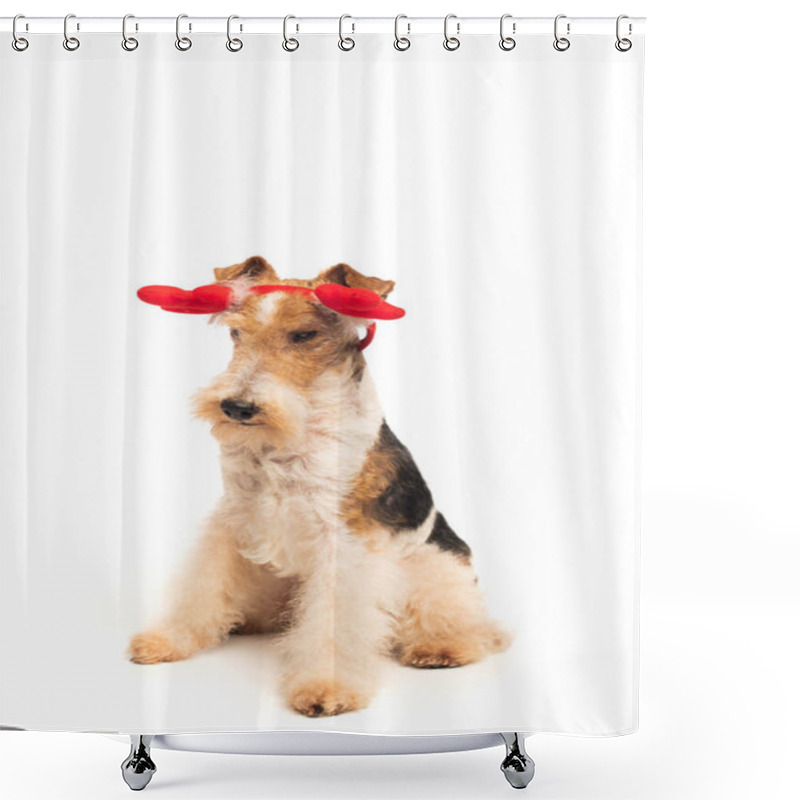 Personality  Purebred Fox Terrier In Reindeer Antlers Headband Sitting Isolated On White Shower Curtains