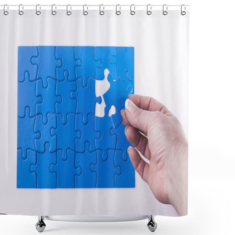 Personality  Woman's Hand Placing Missing Piece In Jigsaw Puzzle  Signifying  Shower Curtains