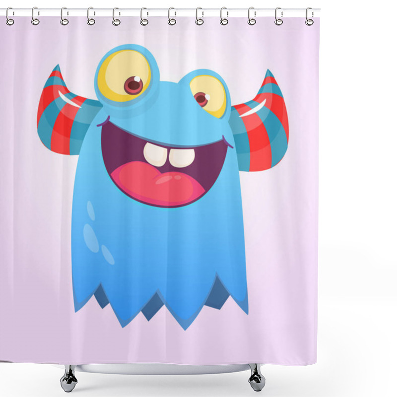 Personality  Cute Happy Cartoon Monster  With Horns. Smiling Monster With Big Mouth. Halloween Vector Illustration Shower Curtains