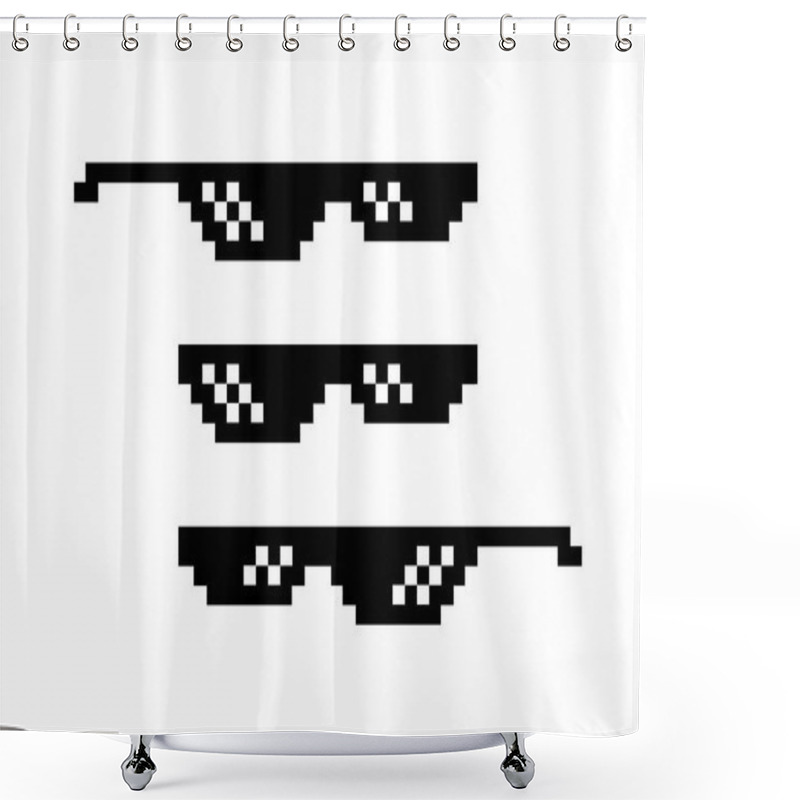 Personality  Pixel Black Sunglasses 8 Bit. Spectacles For Gangster And Thug, Bad Guy. Internet Meme. Accessory For Rake And Caricature. Vector Flat On A White Background. Retro. Shower Curtains