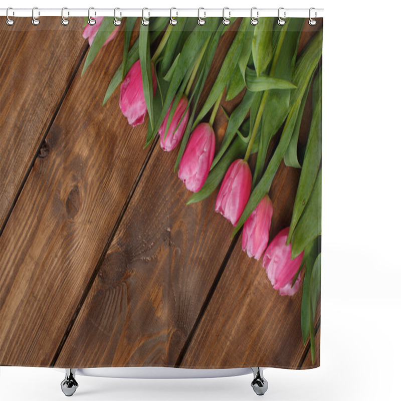 Personality  Pink Tulips Over Shabby White Wooden Table Shower Curtains