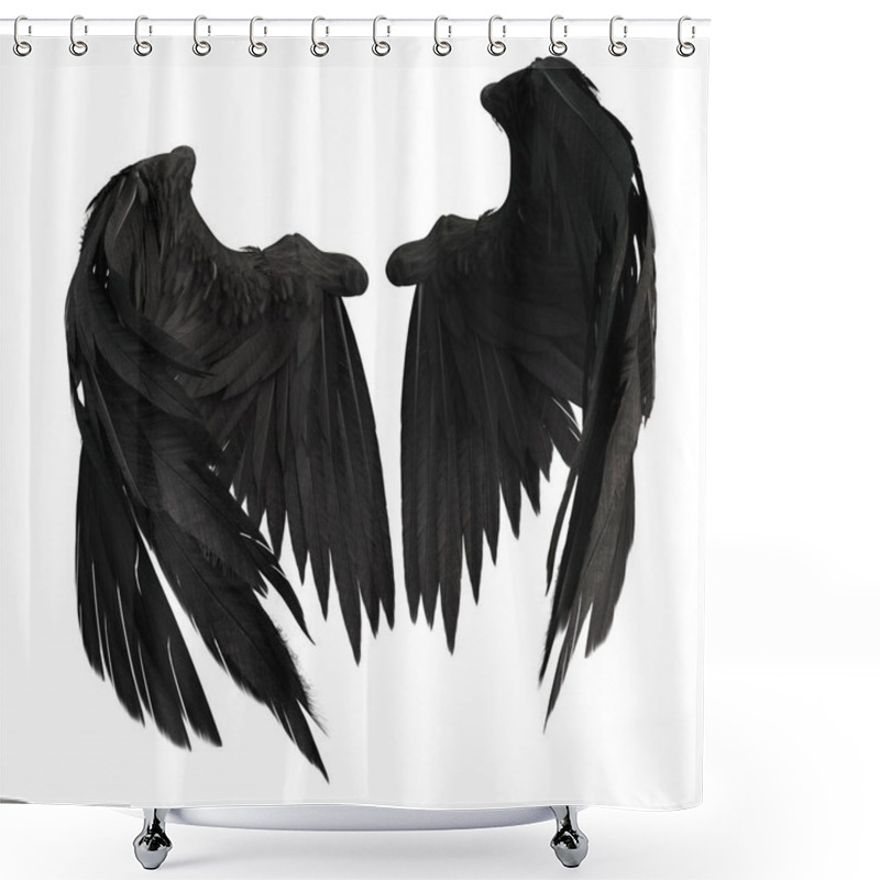 Personality  Pair Of Isolated Black Angel Style Wings With 3D Feathers On White Background, 3D Illustration, 3D Rendering Shower Curtains