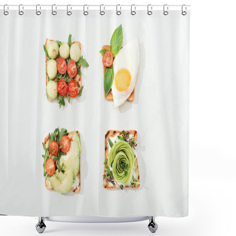 Personality  Top View Of Toasts With Cut Vegetables And Prosciutto On White Surface Shower Curtains