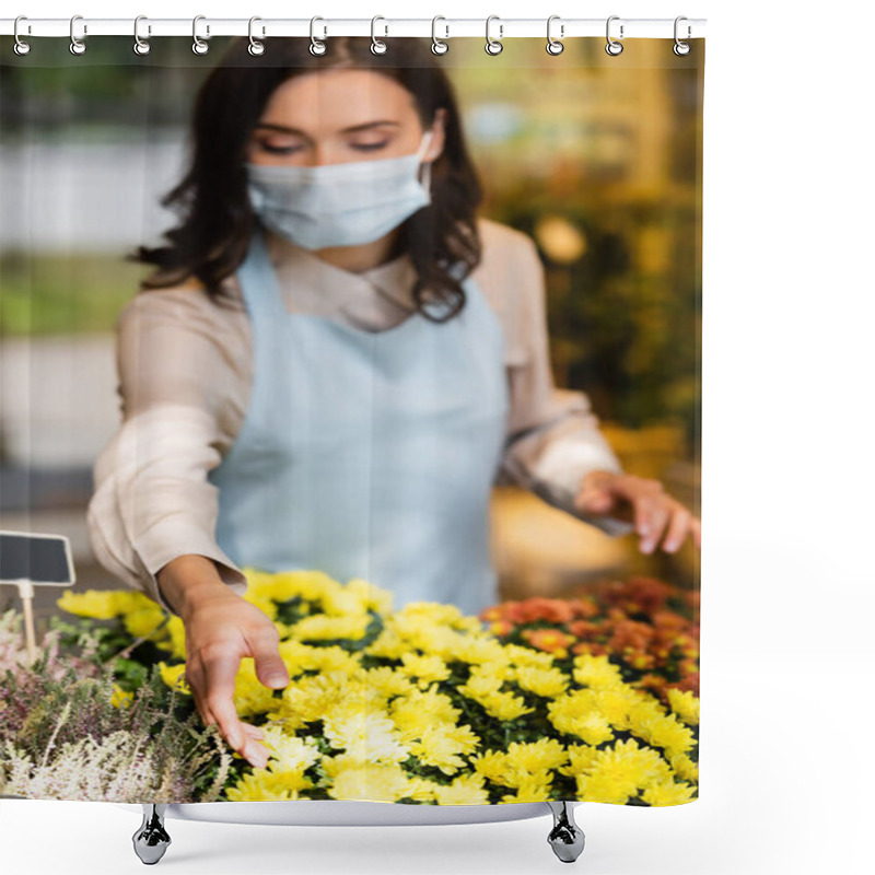 Personality  Florist In Medical Mask Caring About Chrysanthemums On Blurred Foreground Shower Curtains