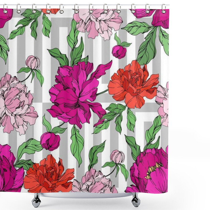 Personality  Peony Floral Botanical Flowers. Black And White Engraved Ink Art. Seamless Background Pattern. Shower Curtains