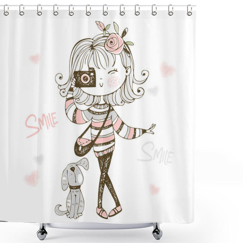 Personality  Cute Fashionable Girl With A Camera With Her Pet Dog. Vector. Shower Curtains