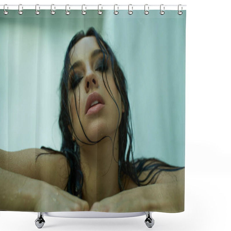 Personality  A Young Woman With Wet, Dark Hair Emerges From The Water, Her Eyes Closed In A Moment Of Tranquility. Shower Curtains