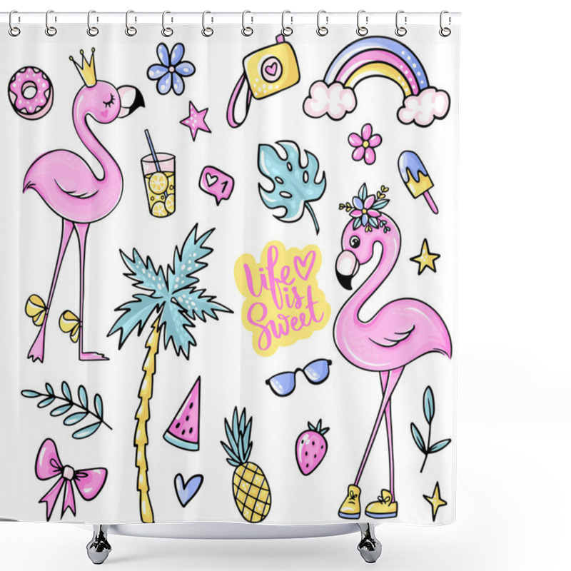 Personality  Big Cute Summer Stickers Set With Flamingos, Ice Cream, Watermelon, Pineapple, Rainbow, Lemonade, Cherry. Shower Curtains