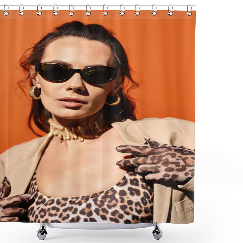 Personality  A Stylish Woman Exudes Confidence In A Leopard Print Top And Trendy Sunglasses Against A Vibrant Orange Background. Shower Curtains