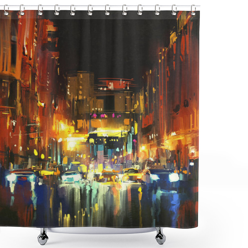 Personality  Night City In The Rain With Reflections On Wet Street,digital Painting Shower Curtains