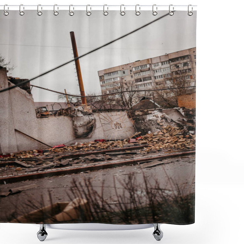 Personality  Borodyanka, Kyiv Region, Ukraine. April 08, 2022: Destroyed Building After Russian Occupation  Shower Curtains