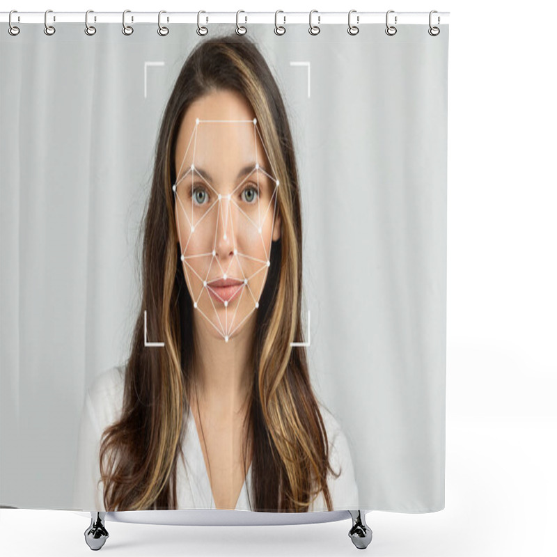 Personality  A Woman With Long Hair Stands Facing The Camera, With Facial Recognition Patterns Displayed On Her Face. Shower Curtains