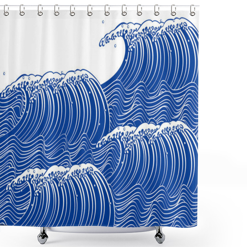 Personality  Blue Wave. Japanese Style Shower Curtains