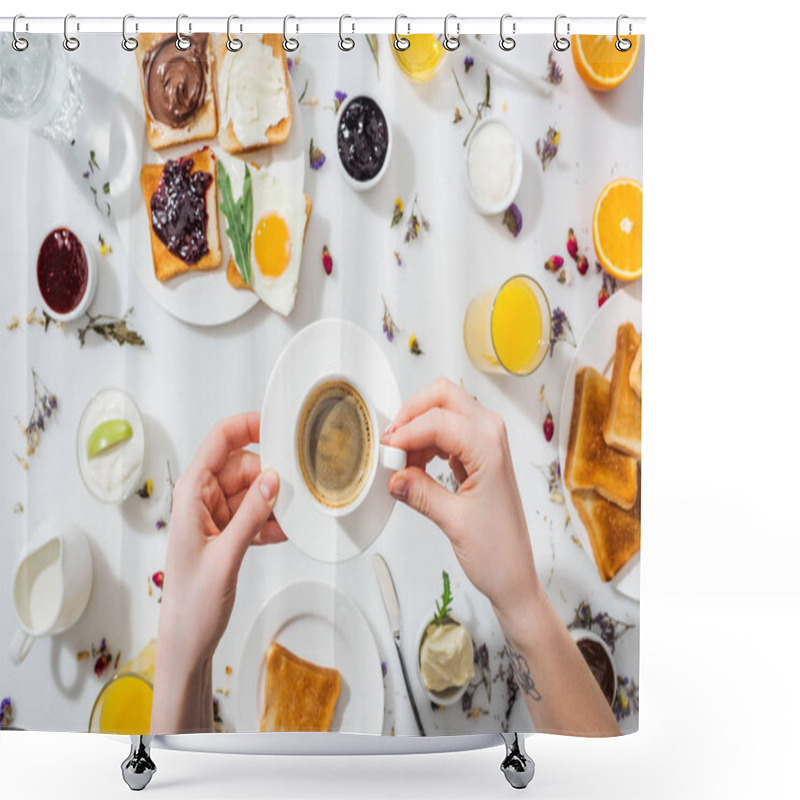 Personality  Cropped View Of Woman With Tattoo On Hand Holding Saucer And Cup Of Espresso Near Breakfast On White  Shower Curtains