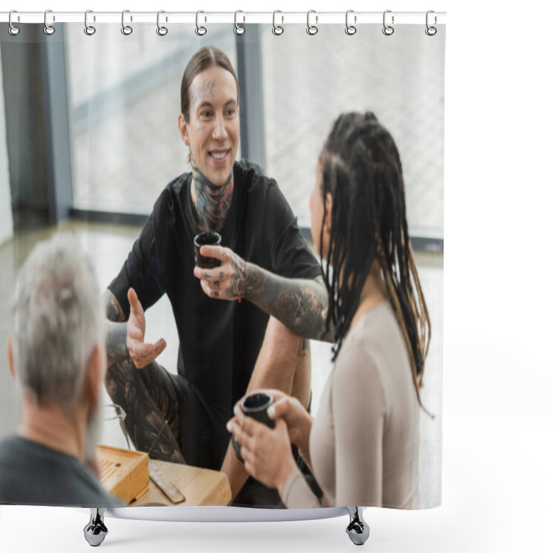 Personality  Happy And Tattooed Man Holding Chinese Tea Cup And Talking With African American Woman In Yoga Studio   Shower Curtains