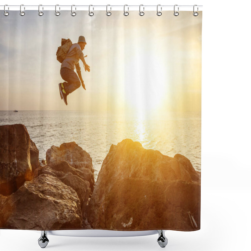 Personality  Traveler Man Jumping Over Rocks Shower Curtains