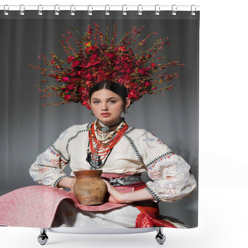 Personality  Young Ukrainian Woman In Traditional Clothes And Red Wreath With Flowers Holding Clay Pot On Grey Shower Curtains