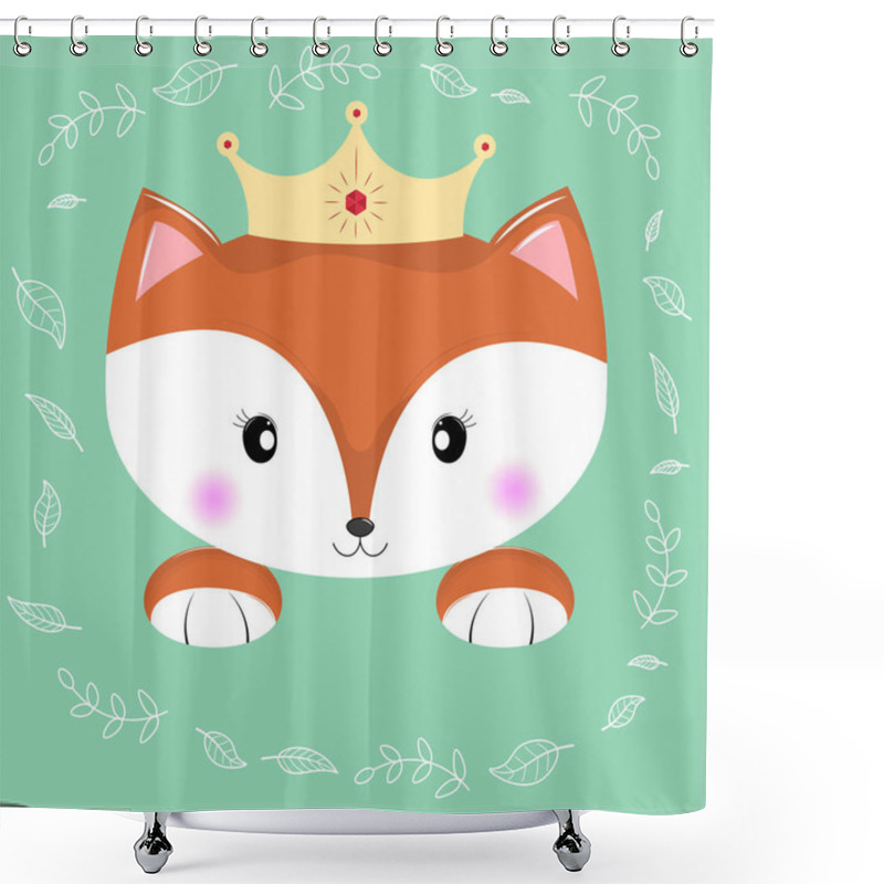 Personality  Lovely Cute Fox Princess With Elements Of Autumn Leaves On A Green Background. Concept For Children Print. Sweet Kids Graphics For T-shirts. Greeting Card. Shower Curtains