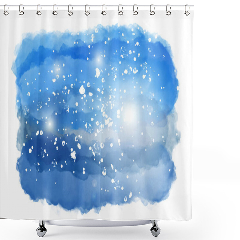 Personality  Watercolor Night Landscape With Snowflakes, Sunbeam And Stars. Artist Impression Of Winter Landscape. Splash Cloud Isolated On White Background. Computer Generated Illustration. Shower Curtains