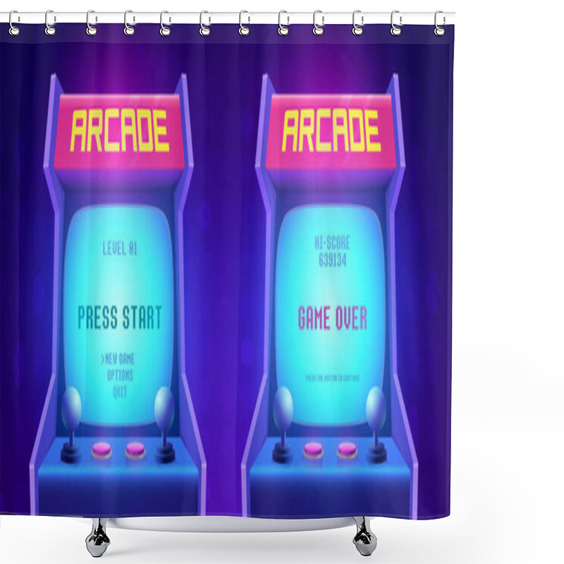 Personality  Arcade Game Screen. Retro Arcade Game Machine. 80s Retro Start Play And Game Over Interface Screen. Video Gaming Machine. Vector Illustration Of Play Screen Game Computer Shower Curtains