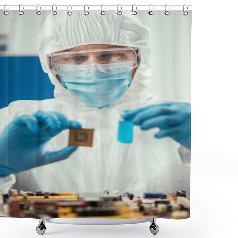 Personality  Selective Focus Of Engineer Holding Microchip And Glass Container With Blue Liquid Near Computer Motherboard Shower Curtains