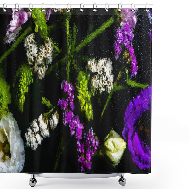 Personality  Top View Of Beautiful Wet Flowers And Green Stems On Black Shower Curtains