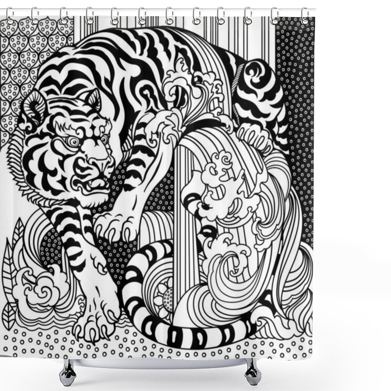 Personality  White Tiger, Stylized Peaceful Big Cat. Celestial Feng Shui Animal. Black And White Graphic Style Vector Illustration Shower Curtains