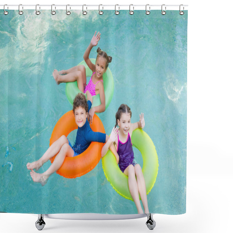 Personality  High Angle View Of Joyful Friends Waving Hands And Looking At Camera While Floating In Pool On Swim Rings Shower Curtains