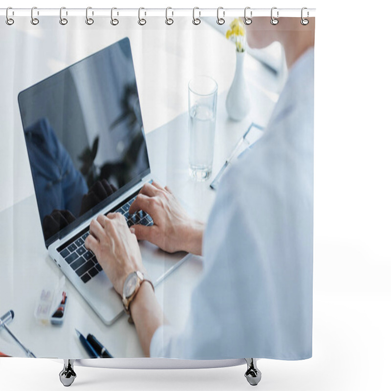 Personality  Partial View Of Female Doctor Typing On Laptop With Blank Screen At Table In Office  Shower Curtains