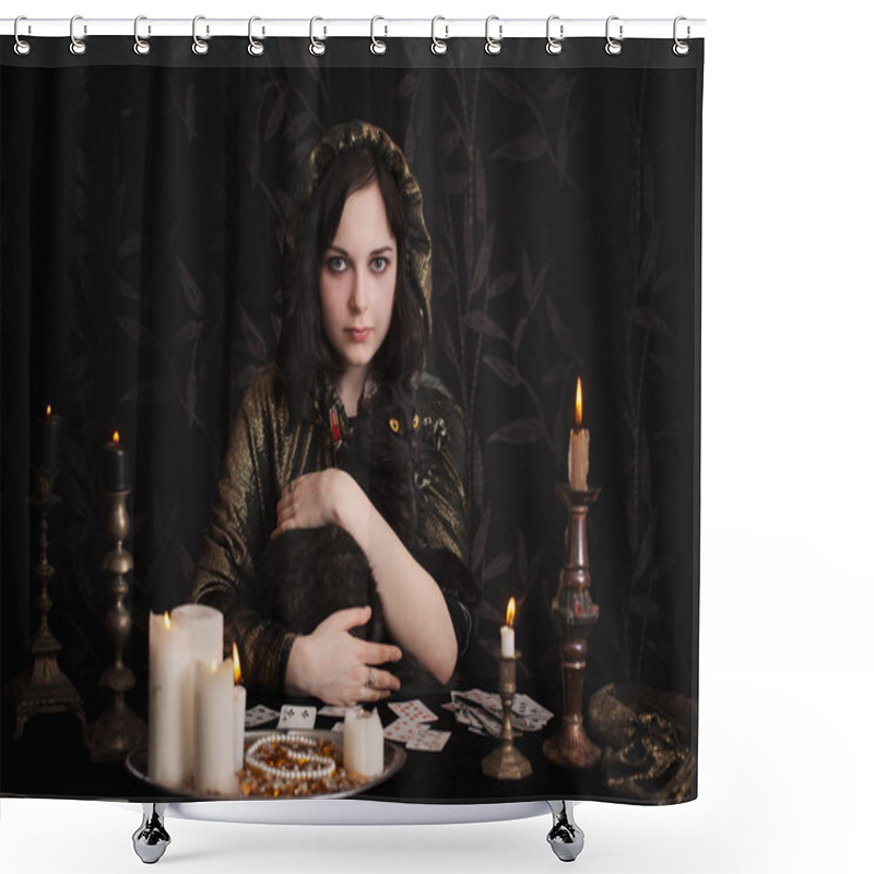 Personality  Young Woman With Divination Cards In Room Shower Curtains