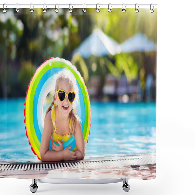 Personality  Child With Goggles In Swimming Pool. Little Girl Learning To Swim And Dive In Outdoor Pool Of Tropical Resort. Swimming With Kids. Healthy Sport Activity For Children. Sun Protection. Water Fun. Shower Curtains