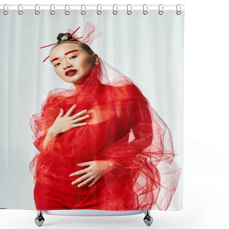 Personality  An Attractive Asian Woman In Vibrant Red Attire Dances Gracefully With A Veil On Her Head. Shower Curtains