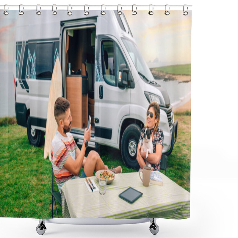 Personality  Young Man Taking Photo To Happy Woman Hugging Lovely Dog With Camper Van And Beach On Background Shower Curtains