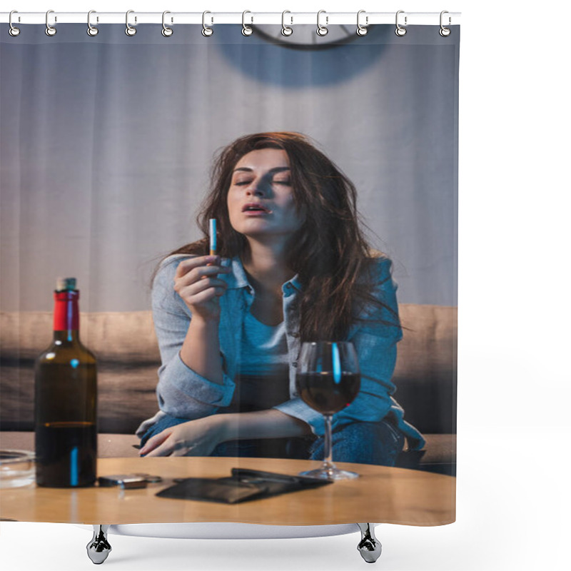 Personality  Drunk Woman Holding Cigarette While Sitting Near Red Wine And Empty Wallet On Table Shower Curtains