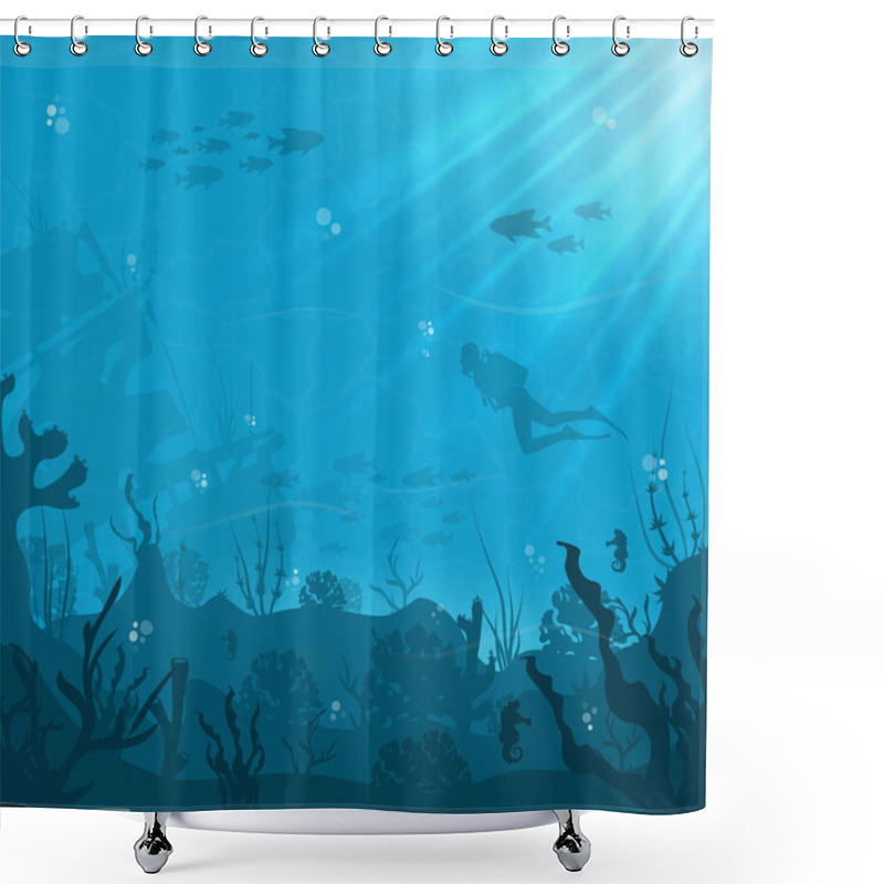 Personality  Silhouette Of Coral Reef With Fish And Scuba Diver On A Blue Sea Background. Underwater Marine Wildlife. Nature Vector Illustration. Shower Curtains